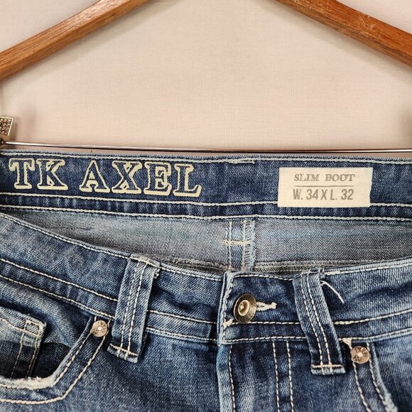 TK Axel Slim Boot Denim Jeans Men's 34x32 Distressed Classic Work Flap Pockets - Picture 9 of 10